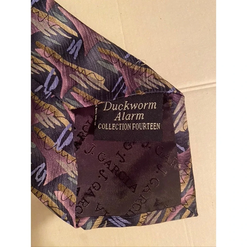 J. Garcia Mens Silk Tie Duckworm Alarm Collection Fourteen Purple Abstract 1996